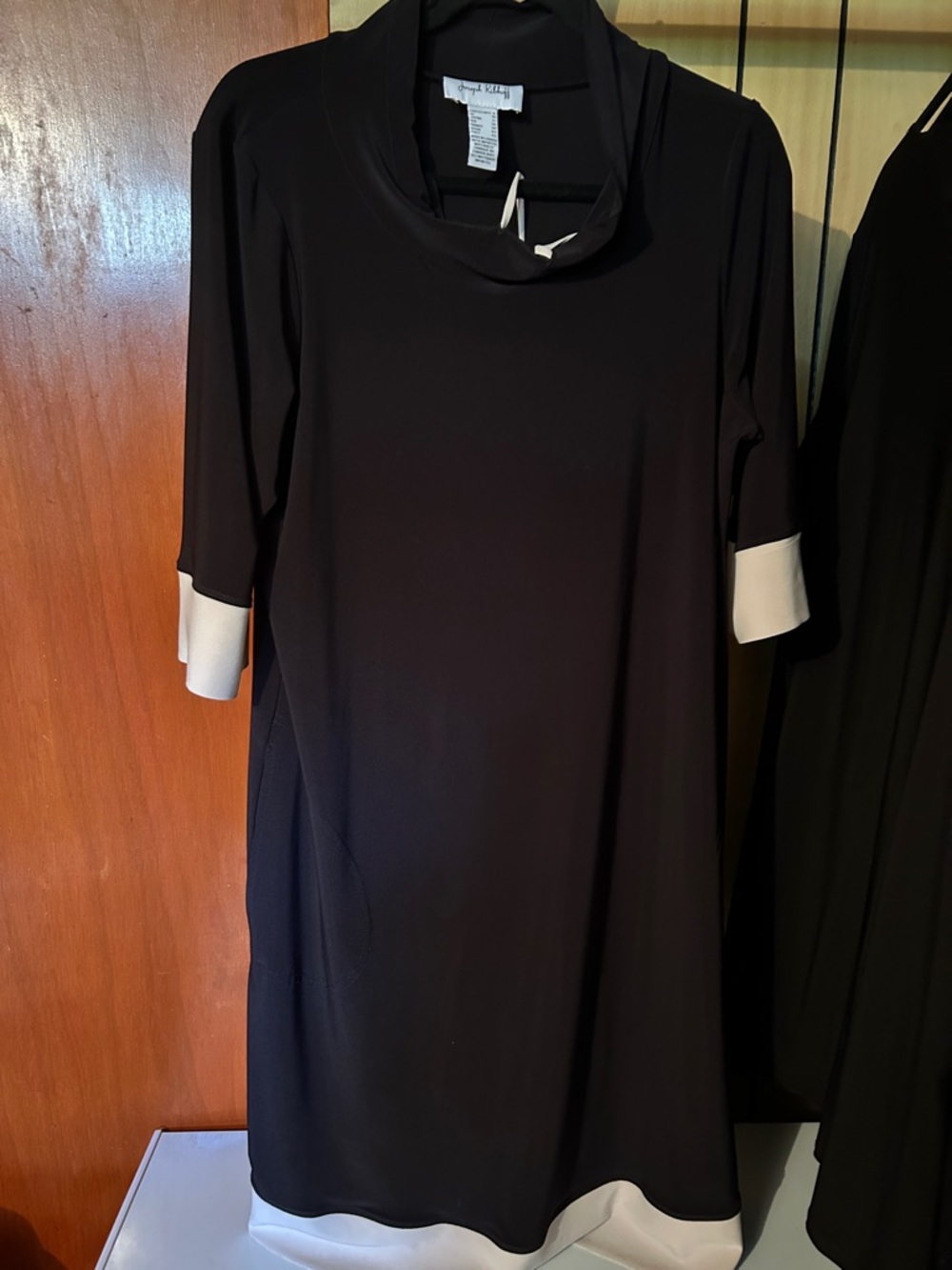 Joseph Ribkoff Black Midi Dress with White Cuffs and Hem